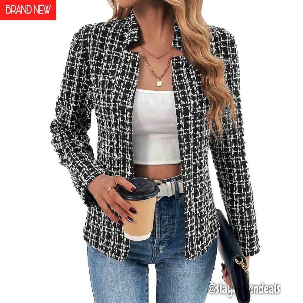 Women's Tweed Blazer Fully Lined Open Front Work Casual Jacket